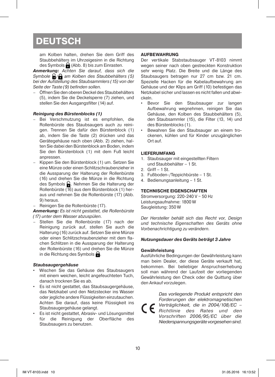 Deutsch | Vitek VT-8103 B User Manual | Page 10 / 24