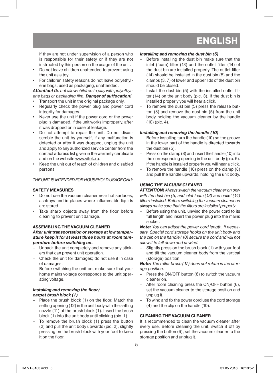 English | Vitek VT-8103 B User Manual | Page 5 / 24