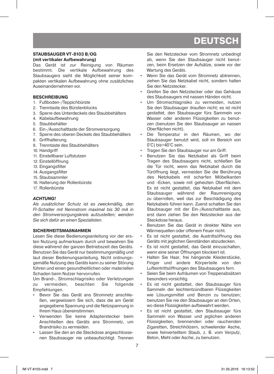 Deutsch | Vitek VT-8103 B User Manual | Page 7 / 24