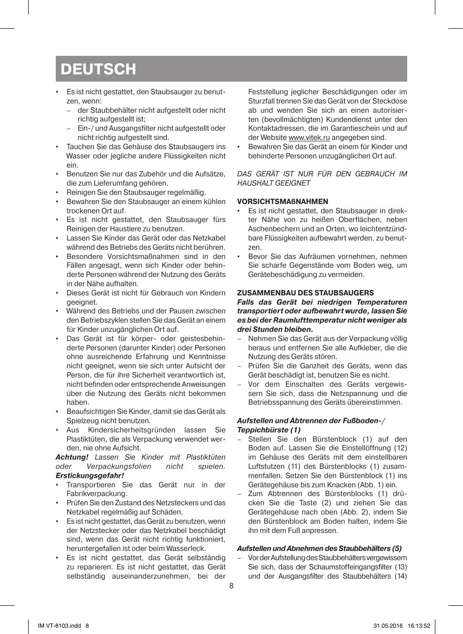 Deutsch | Vitek VT-8103 B User Manual | Page 8 / 24