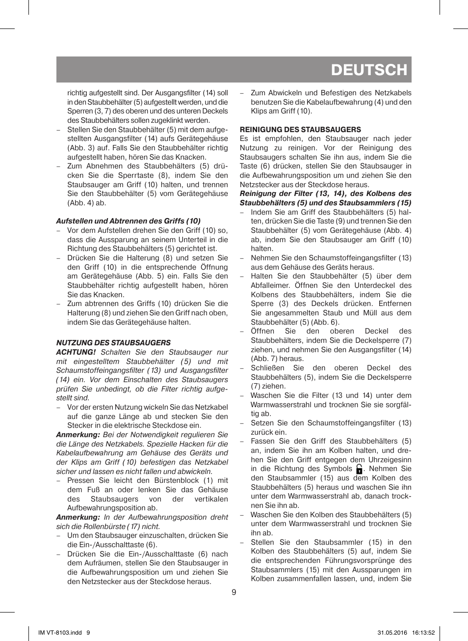 Deutsch | Vitek VT-8103 B User Manual | Page 9 / 24
