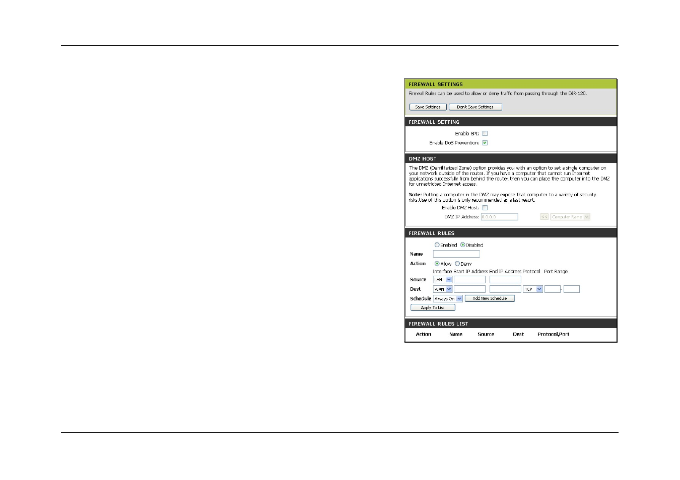 Firewall rules, Dmz host, Firewall settings | D-Link DIR-120 User Manual | Page 52 / 77