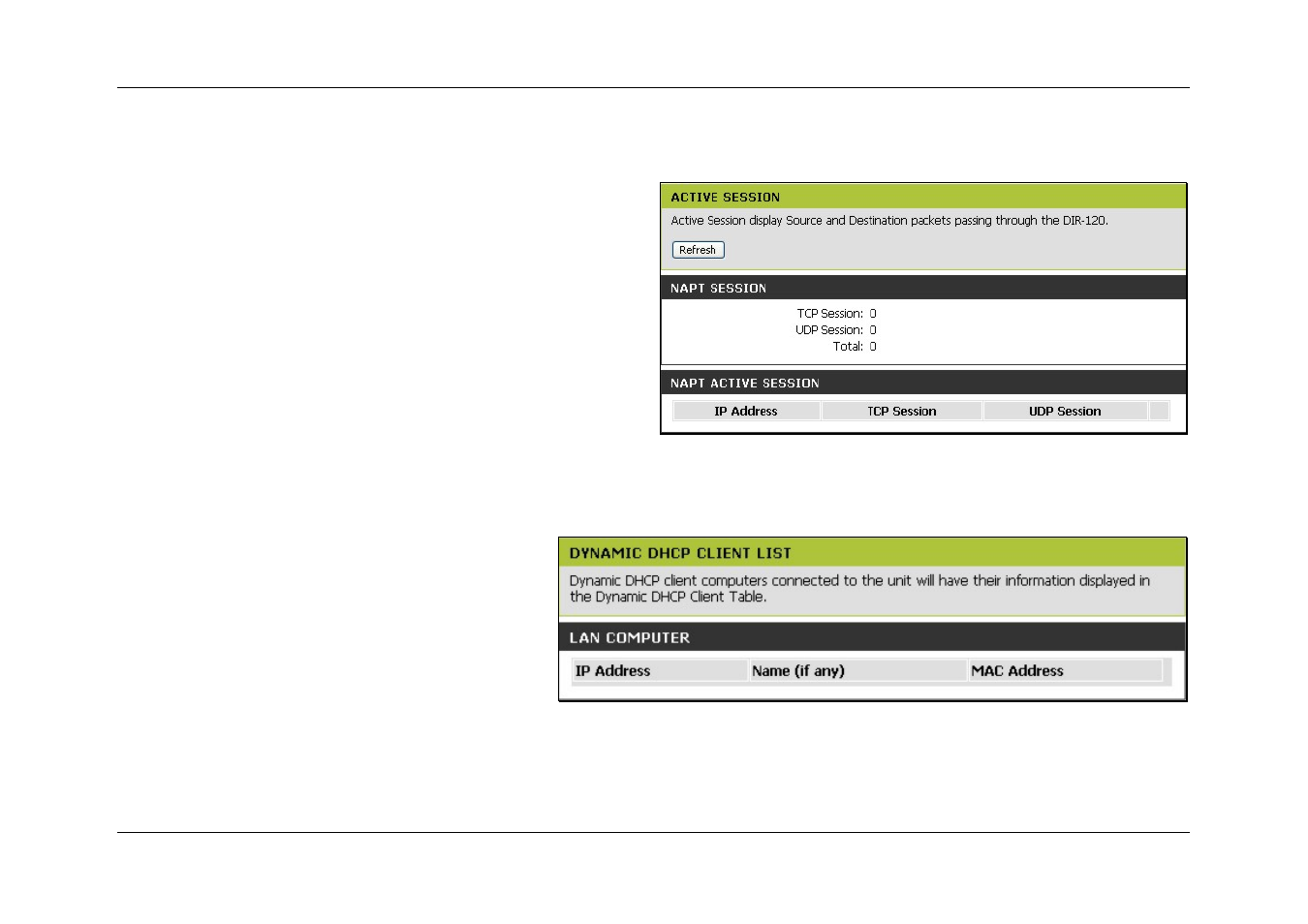 Active session, Lan computer (dhcp client) list | D-Link DIR-120 User Manual | Page 67 / 77
