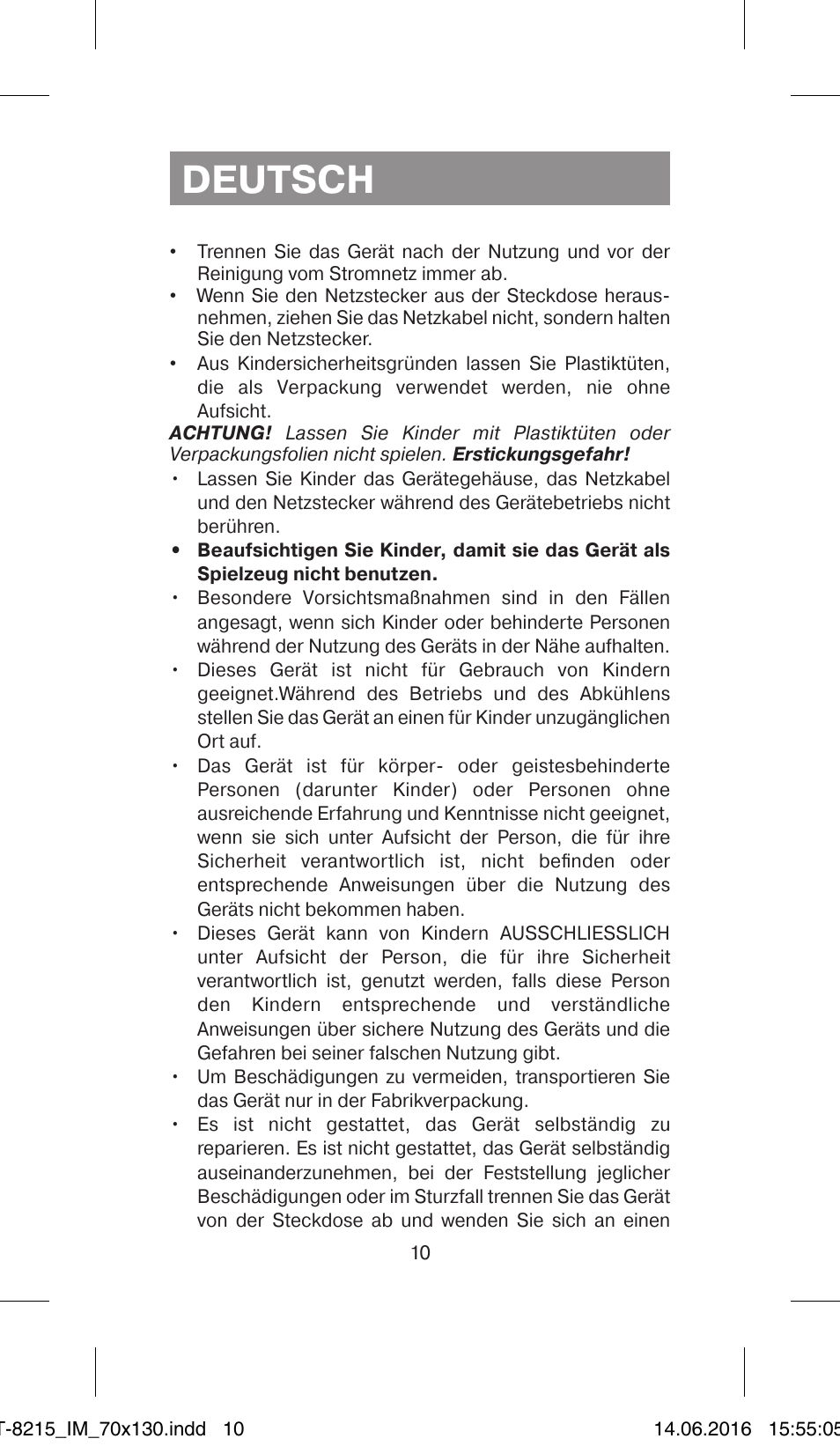 Deutsch | Vitek VT-8215 JR User Manual | Page 10 / 32
