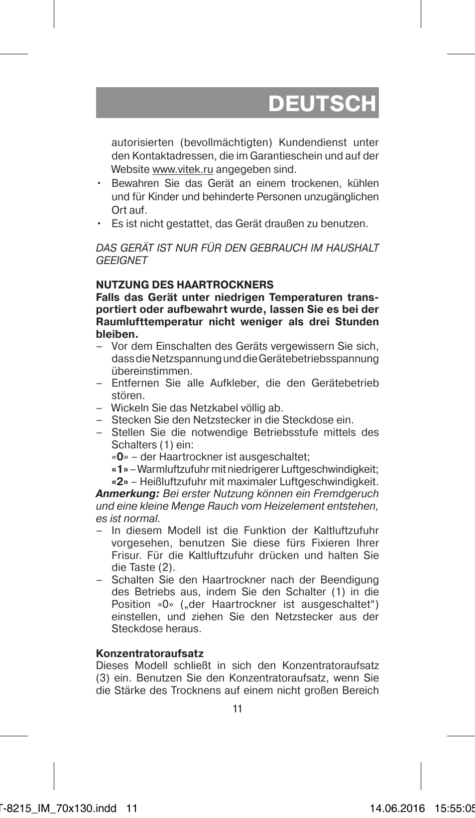Deutsch | Vitek VT-8215 JR User Manual | Page 11 / 32