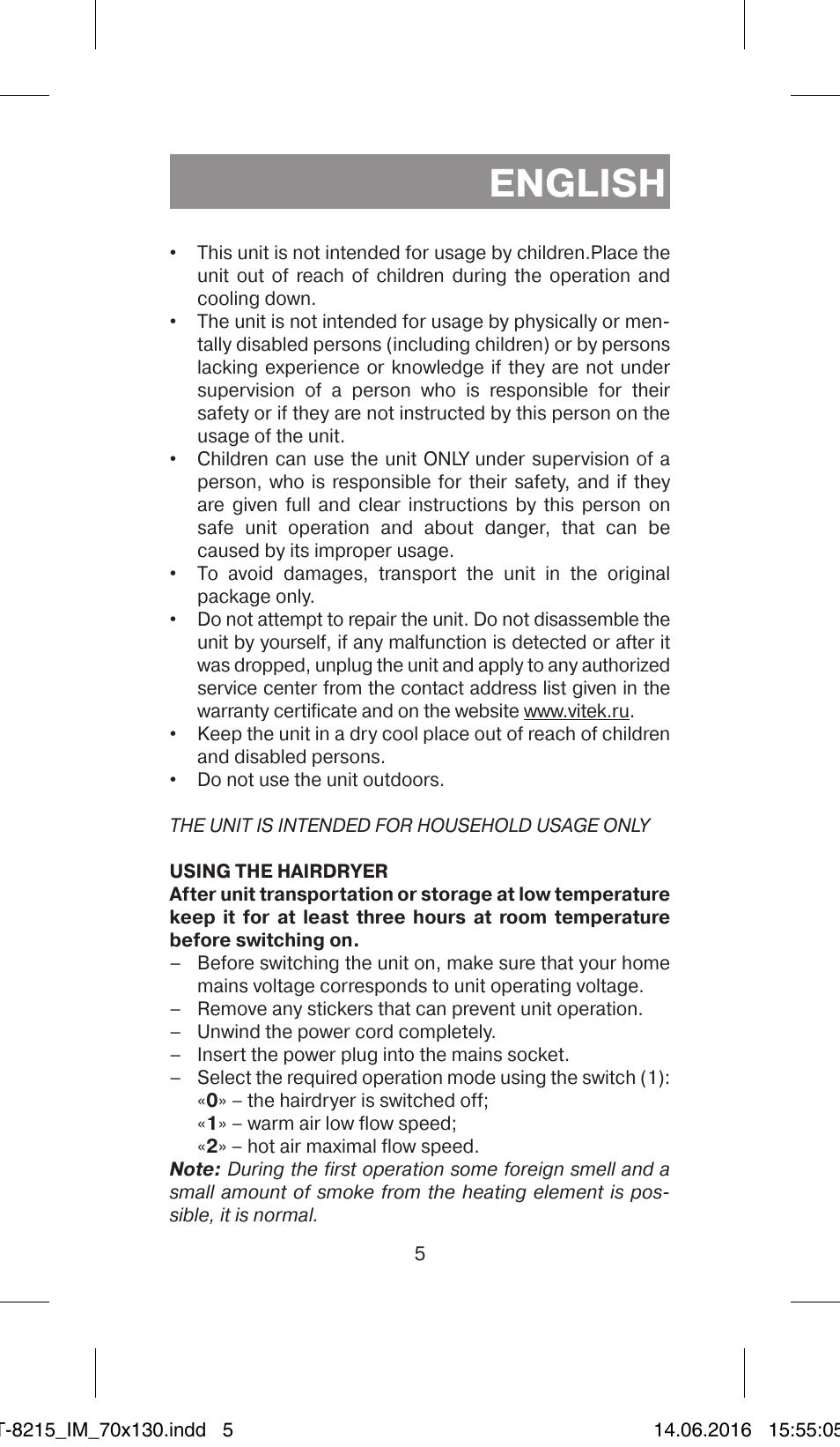 English | Vitek VT-8215 JR User Manual | Page 5 / 32