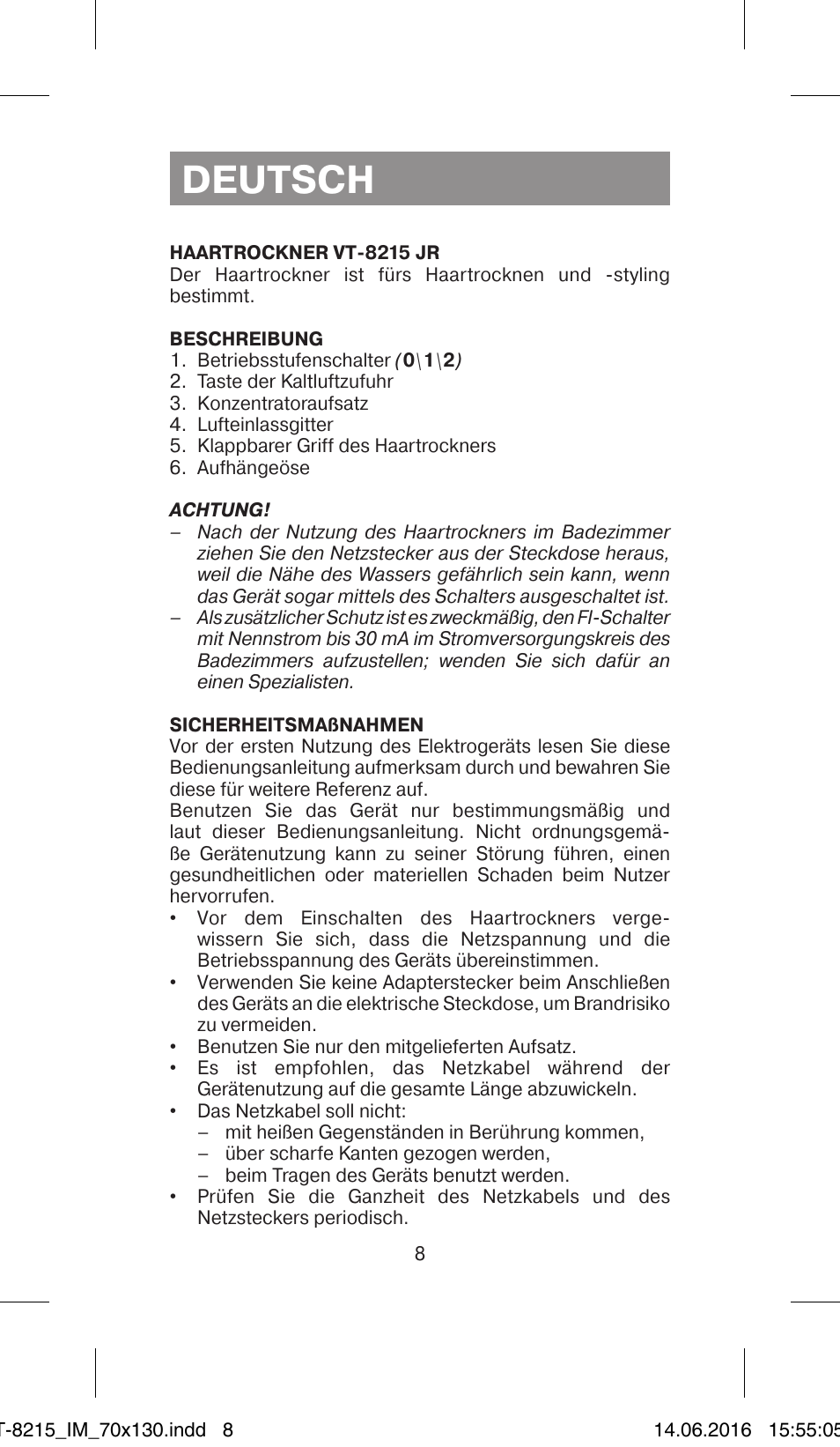 Deutsch | Vitek VT-8215 JR User Manual | Page 8 / 32