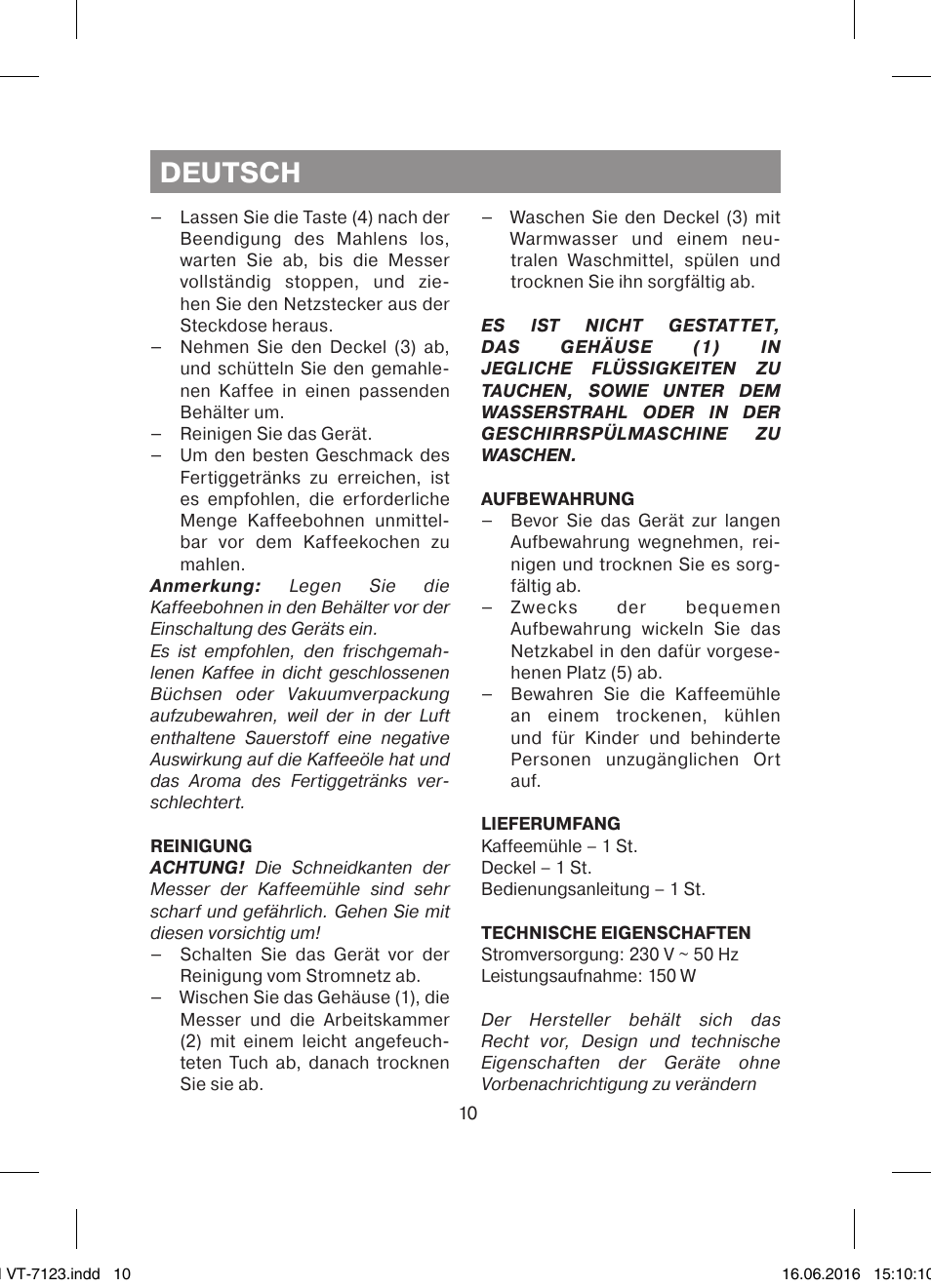 Deutsch | Vitek VT-7123 ST User Manual | Page 10 / 24