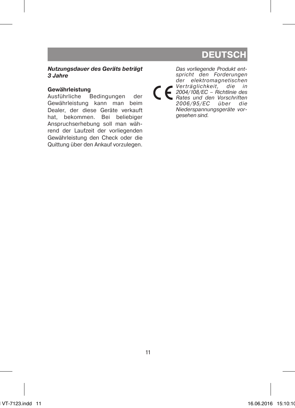 Deutsch | Vitek VT-7123 ST User Manual | Page 11 / 24