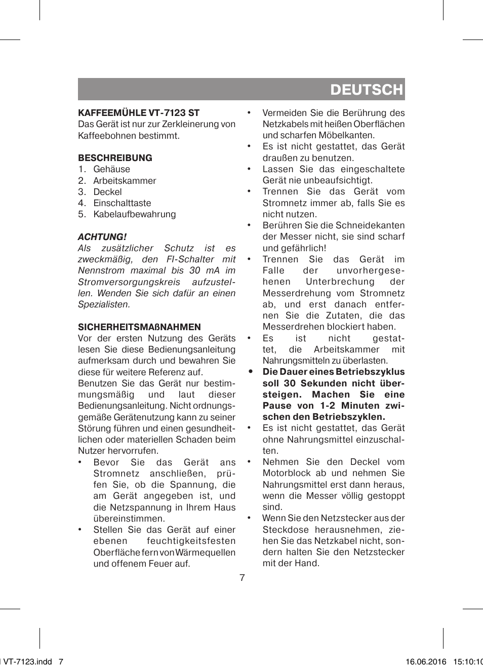 Deutsch | Vitek VT-7123 ST User Manual | Page 7 / 24