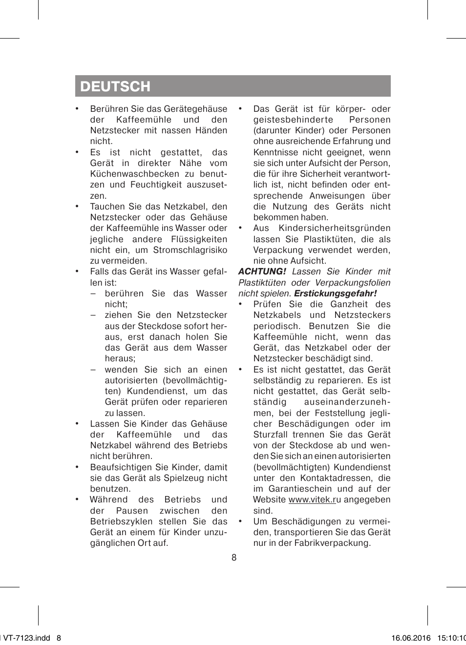 Deutsch | Vitek VT-7123 ST User Manual | Page 8 / 24