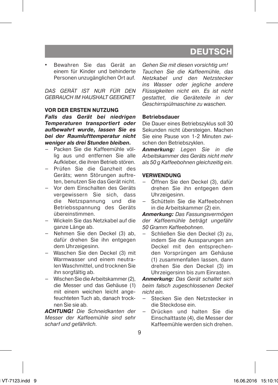 Deutsch | Vitek VT-7123 ST User Manual | Page 9 / 24