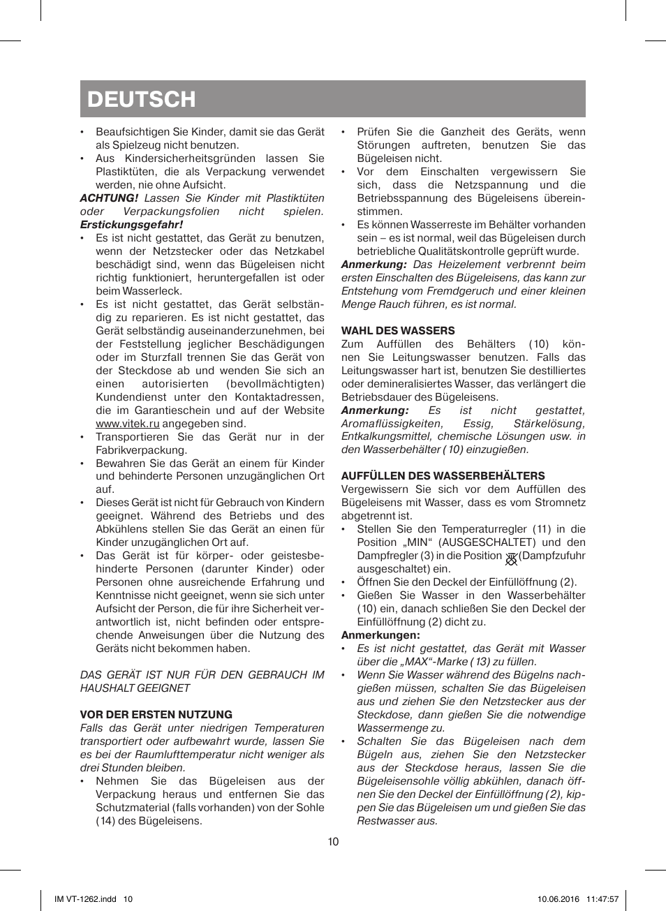 Deutsch | Vitek VT-1262 PK User Manual | Page 10 / 32
