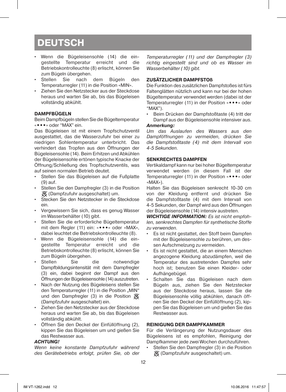 Deutsch | Vitek VT-1262 PK User Manual | Page 12 / 32
