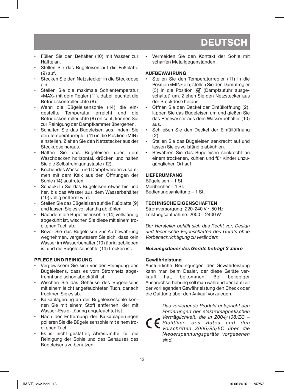 Deutsch | Vitek VT-1262 PK User Manual | Page 13 / 32