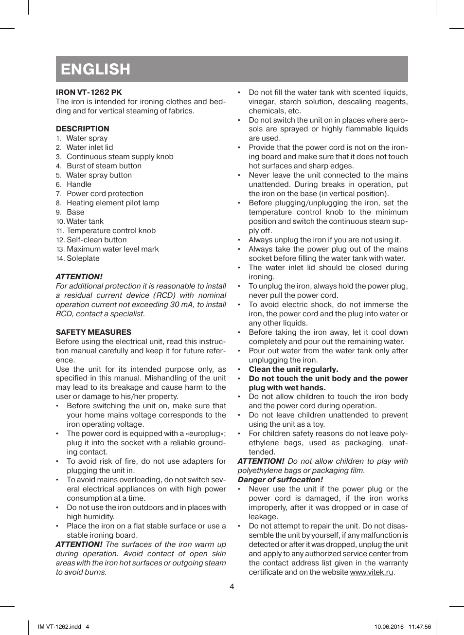 English | Vitek VT-1262 PK User Manual | Page 4 / 32