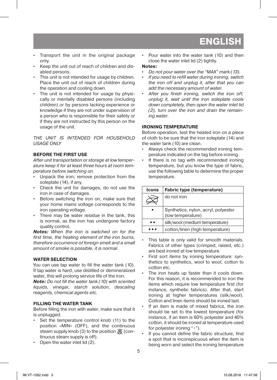 English | Vitek VT-1262 PK User Manual | Page 5 / 32