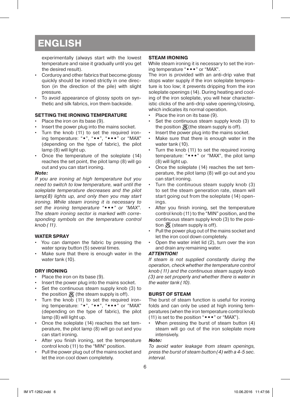 English | Vitek VT-1262 PK User Manual | Page 6 / 32