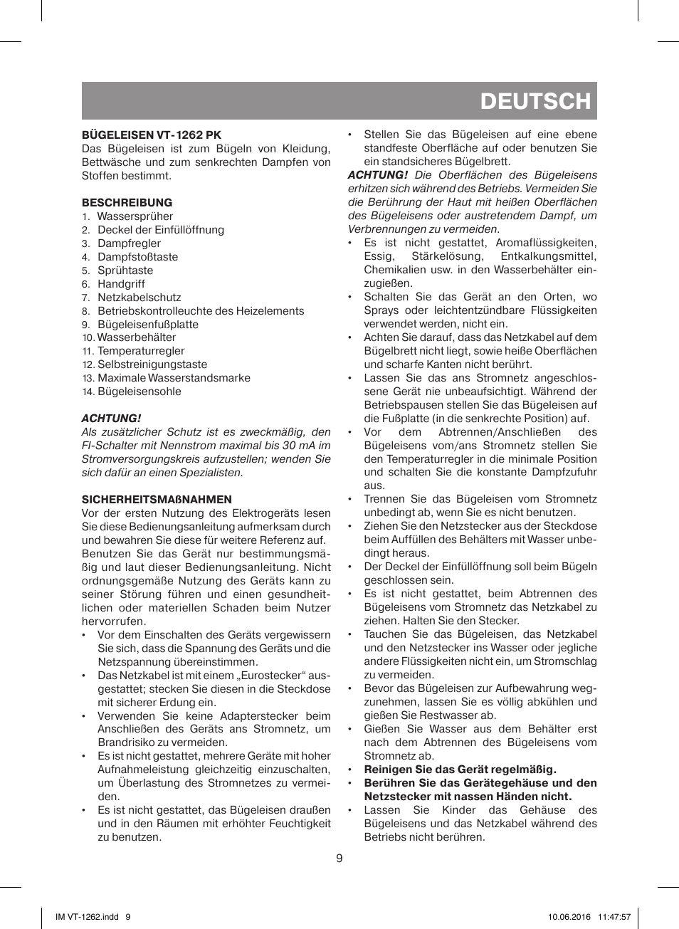 Deutsch | Vitek VT-1262 PK User Manual | Page 9 / 32