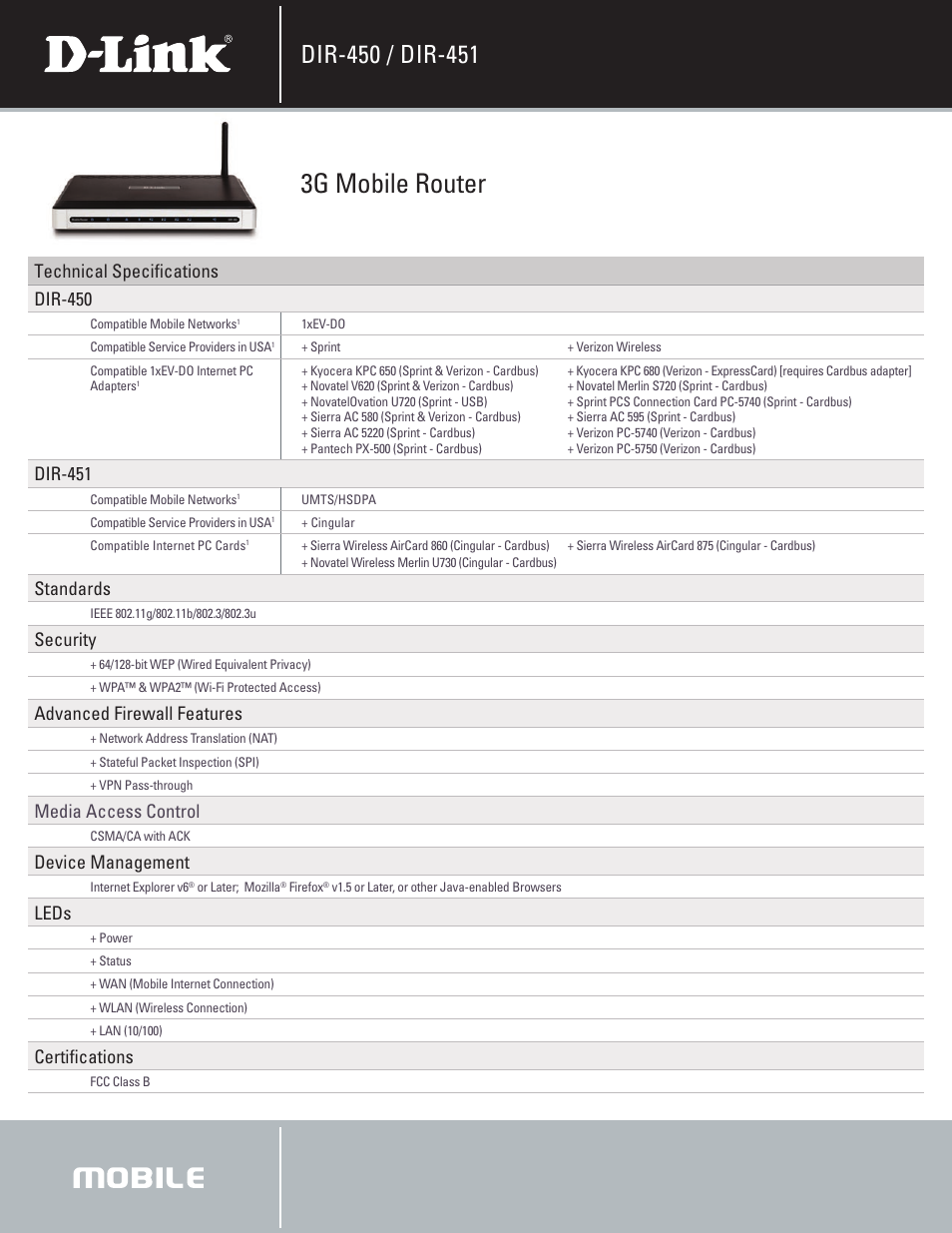 3g mobile router, Technical specifications dir-450, Dir-451 | Standards, Security, Advanced firewall features, Media access control, Device management, Leds, Certifications | D-Link DIR-450 User Manual | Page 2 / 3