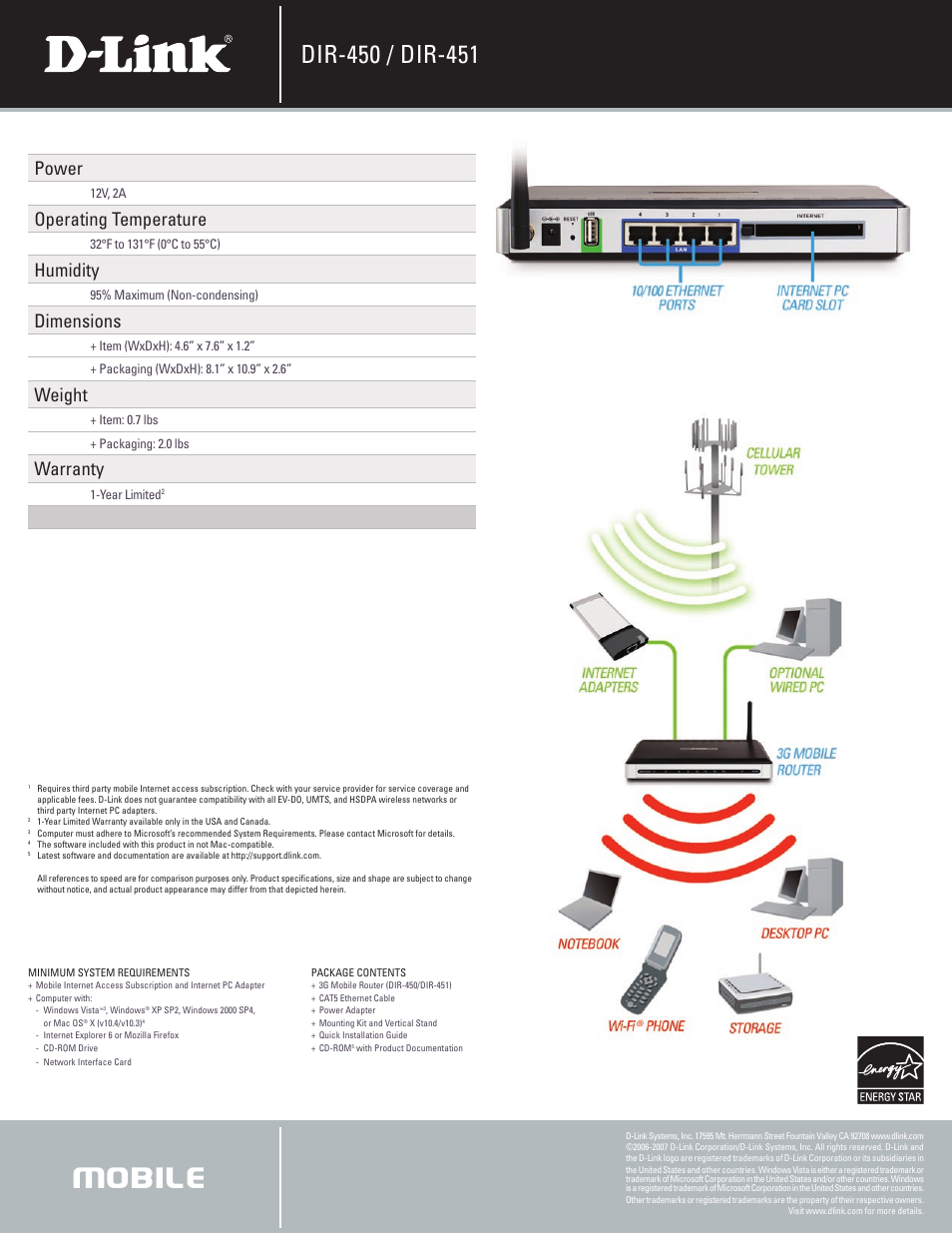 Power, Operating temperature, Humidity | Dimensions, Weight, Warranty | D-Link DIR-450 User Manual | Page 3 / 3