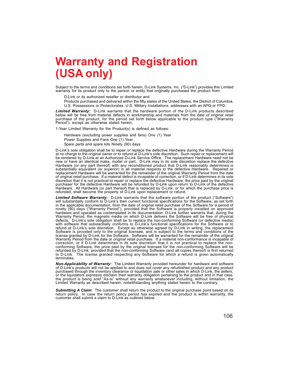 Warranty and registration, Warranty and registration (usa only) | D-Link DI-704UP User Manual | Page 106 / 108