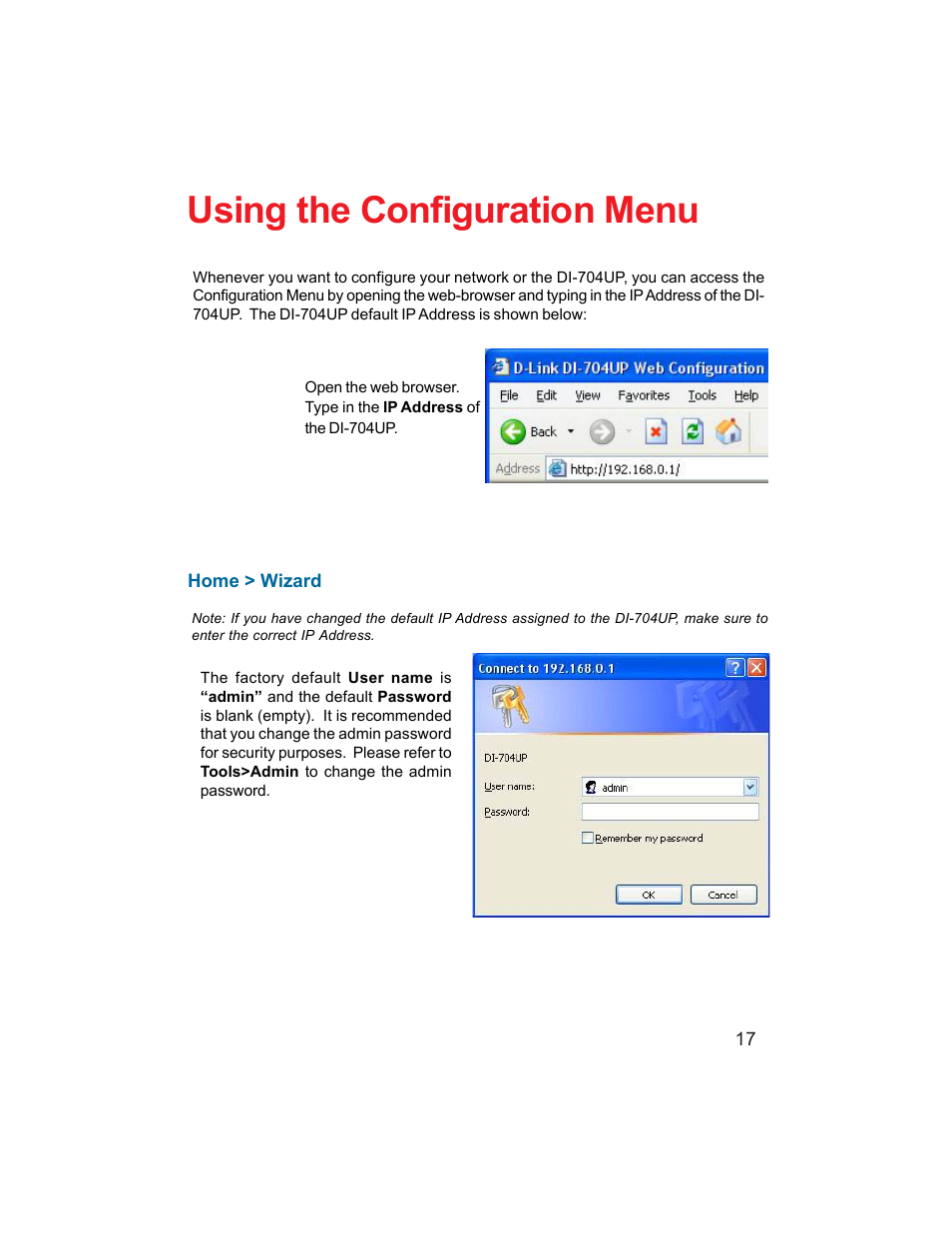 Using the configuration menu | D-Link DI-704UP User Manual | Page 17 / 108