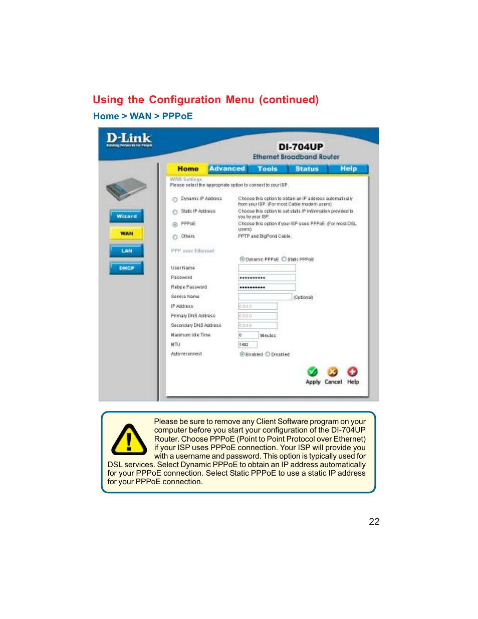 Using the configuration menu (continued) | D-Link DI-704UP User Manual | Page 22 / 108