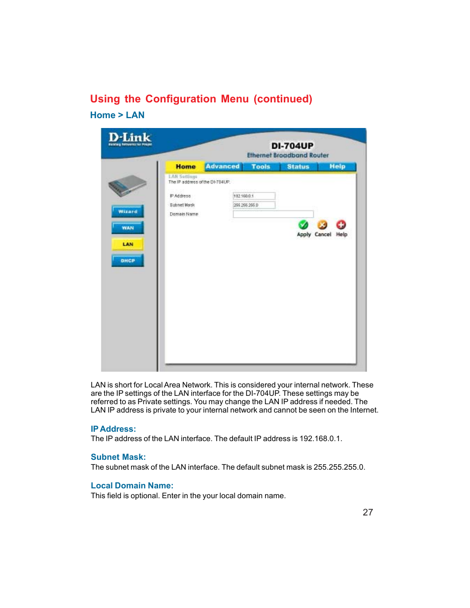 Using the configuration menu (continued) | D-Link DI-704UP User Manual | Page 27 / 108