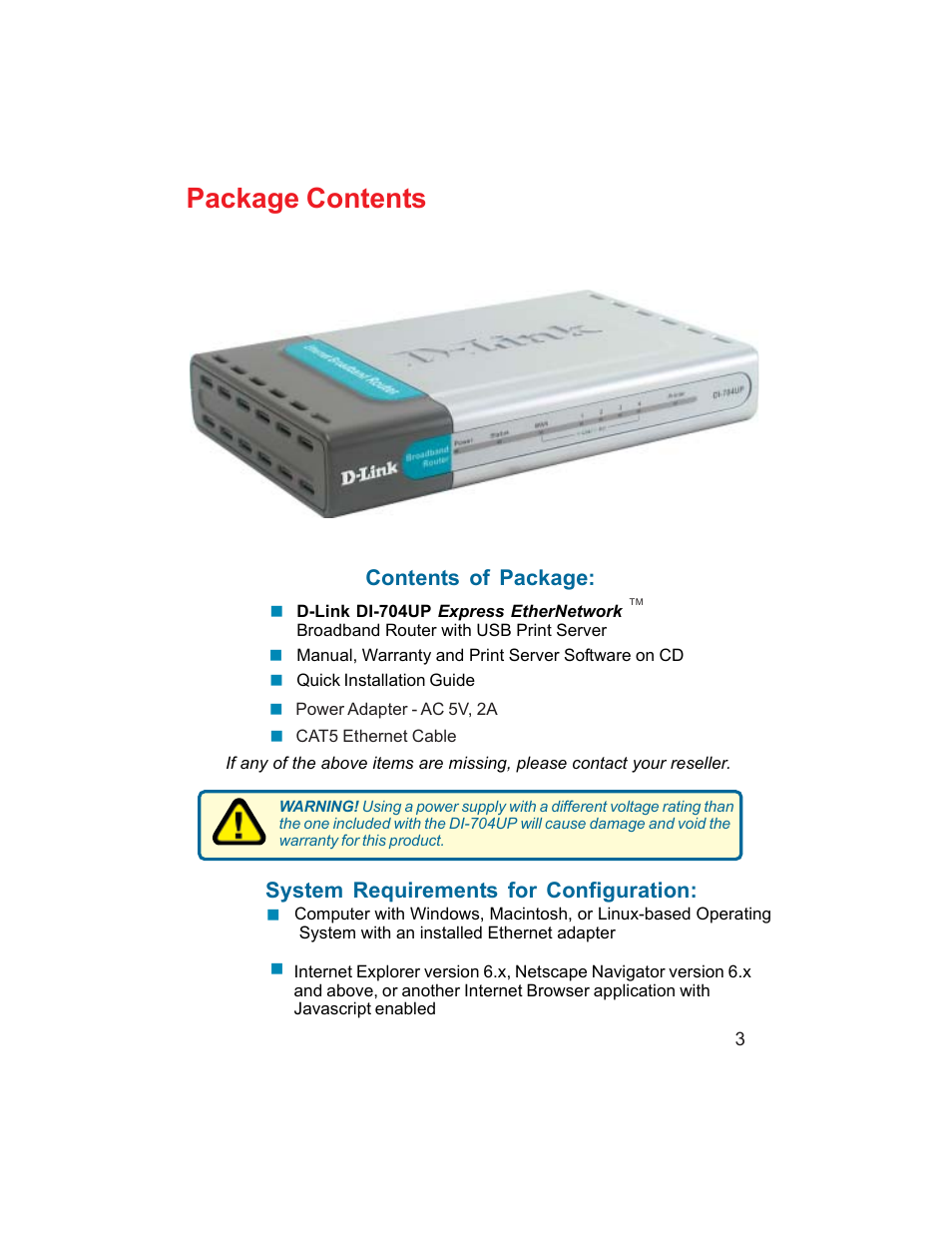 Package contents, Contents of package, System requirements for configuration | D-Link DI-704UP User Manual | Page 3 / 108