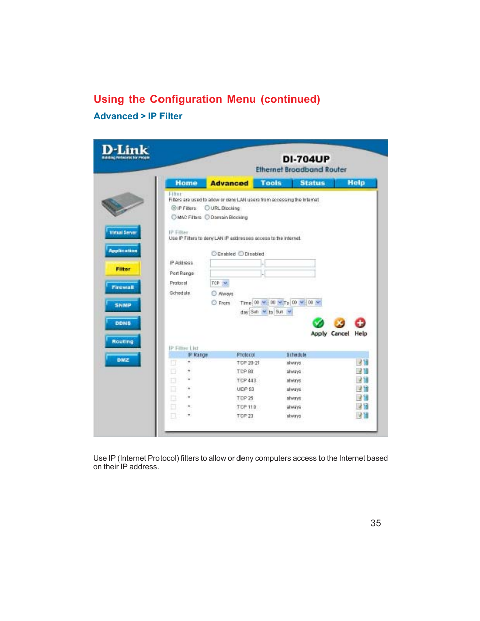 Using the configuration menu (continued) | D-Link DI-704UP User Manual | Page 35 / 108