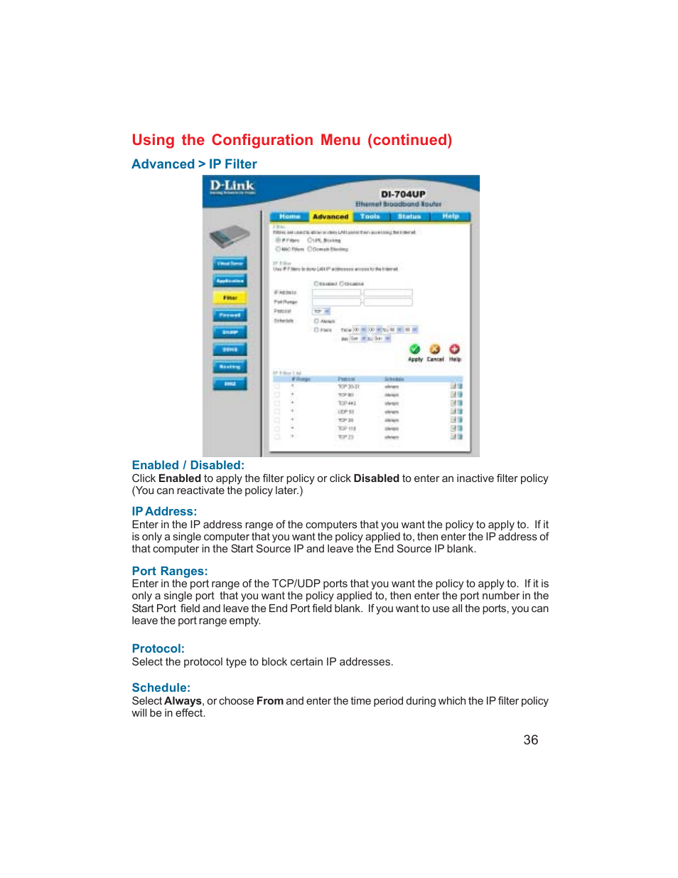 Using the configuration menu (continued) | D-Link DI-704UP User Manual | Page 36 / 108