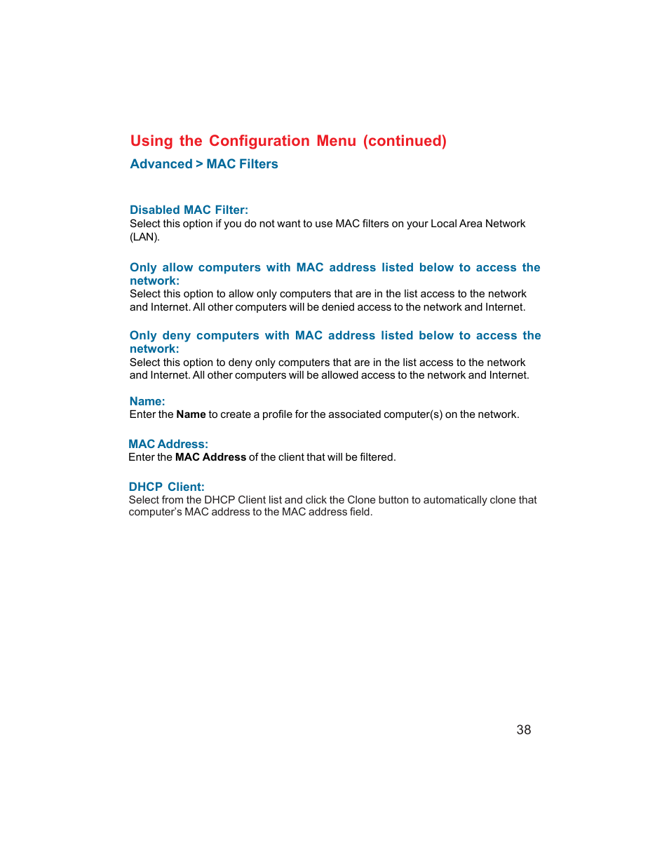 Using the configuration menu (continued) | D-Link DI-704UP User Manual | Page 38 / 108