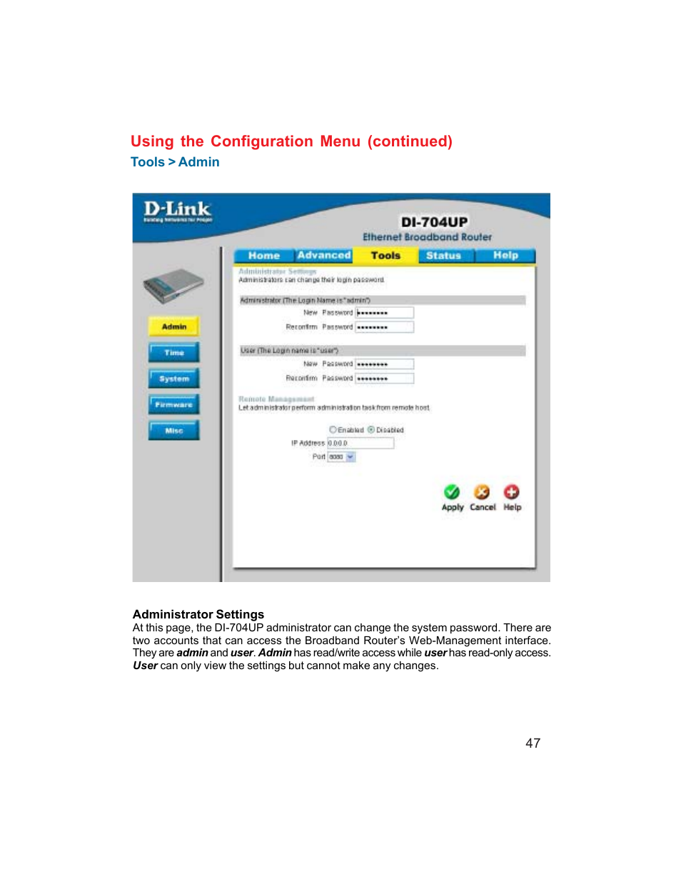 Using the configuration menu (continued) | D-Link DI-704UP User Manual | Page 47 / 108