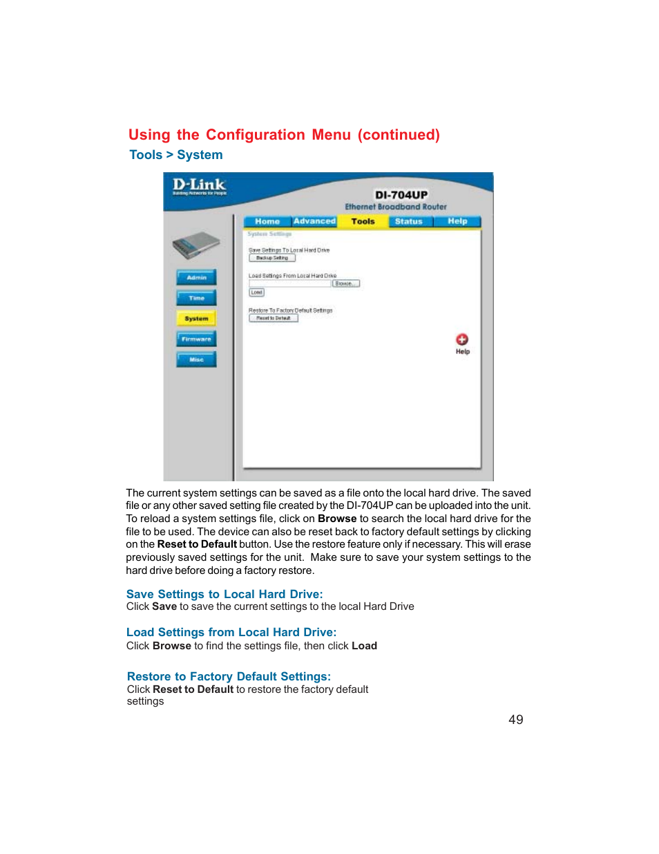 Using the configuration menu (continued) | D-Link DI-704UP User Manual | Page 49 / 108