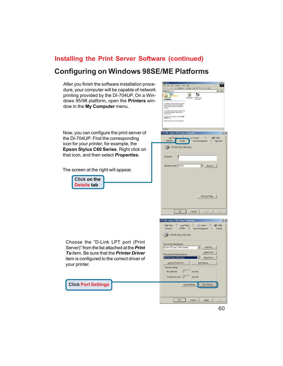 Configuring on windows 98se/me platforms, Installing the print server software (continued) | D-Link DI-704UP User Manual | Page 60 / 108