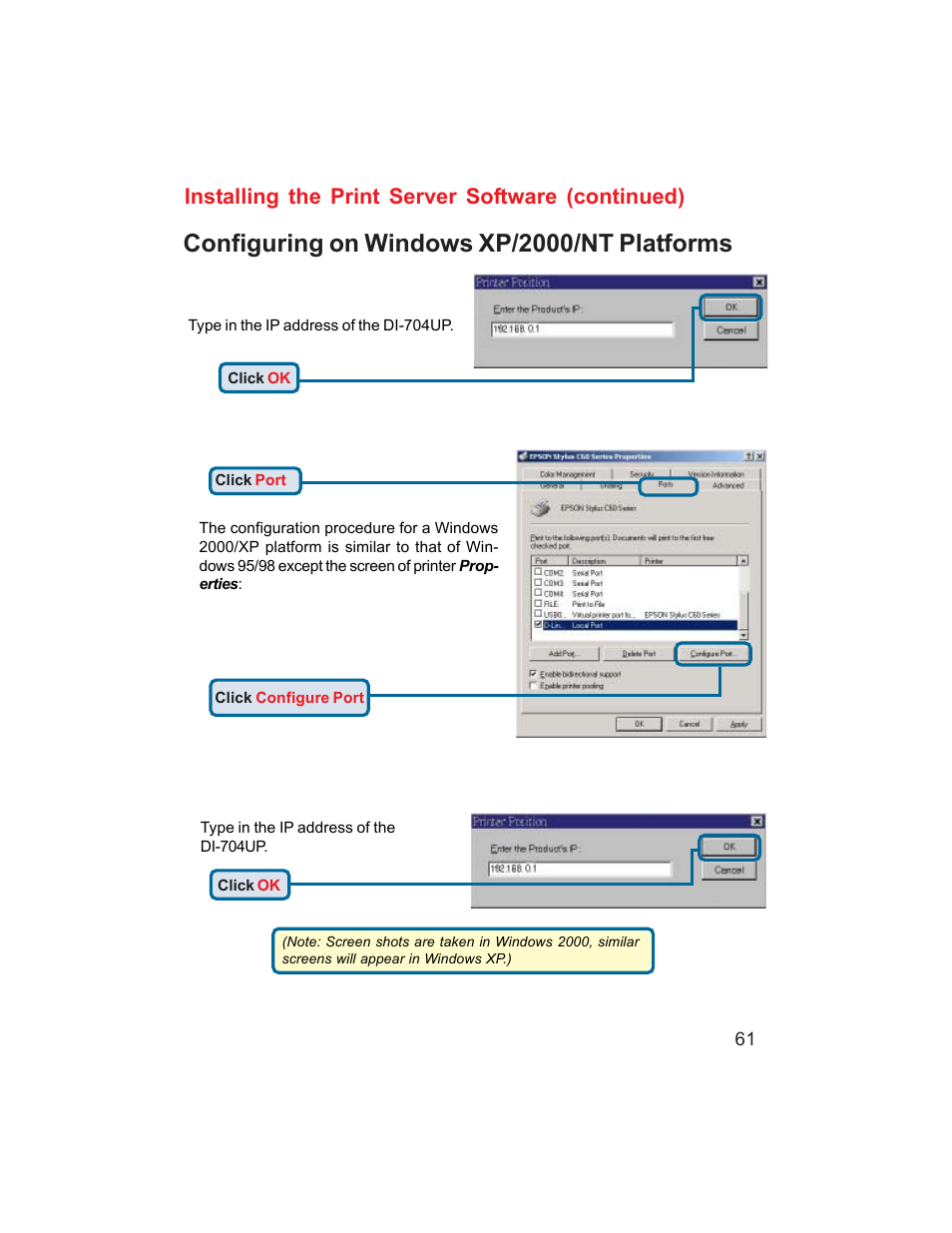 Configuring on windows xp/2000/nt platforms, Installing the print server software (continued) | D-Link DI-704UP User Manual | Page 61 / 108