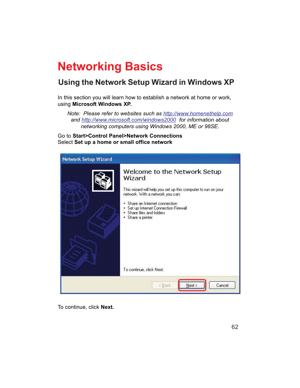 Networking basics, Using the network setup wizard in windows xp | D-Link DI-704UP User Manual | Page 62 / 108