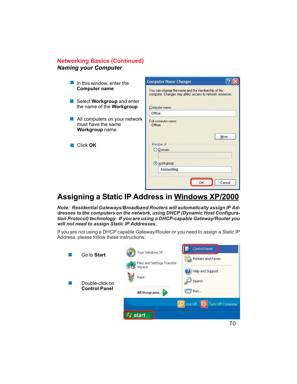 Assigning a static ip address in windows xp/2000 | D-Link DI-704UP User Manual | Page 70 / 108