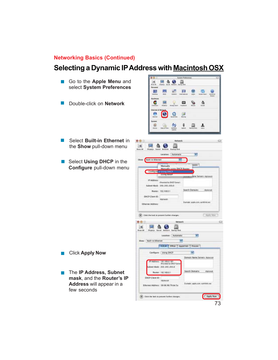 Selecting a dynamic ip address with macintosh osx | D-Link DI-704UP User Manual | Page 73 / 108