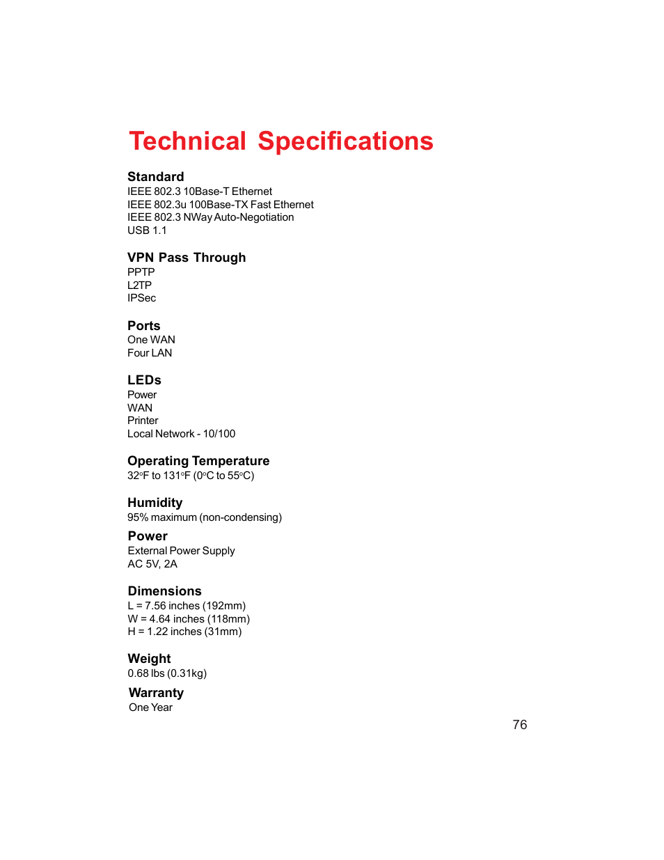 Technical specifications | D-Link DI-704UP User Manual | Page 76 / 108