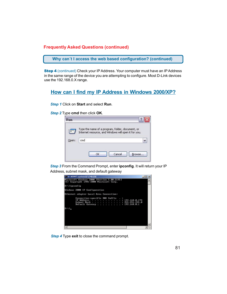 How can i find my ip address in windows 2000/xp | D-Link DI-704UP User Manual | Page 81 / 108