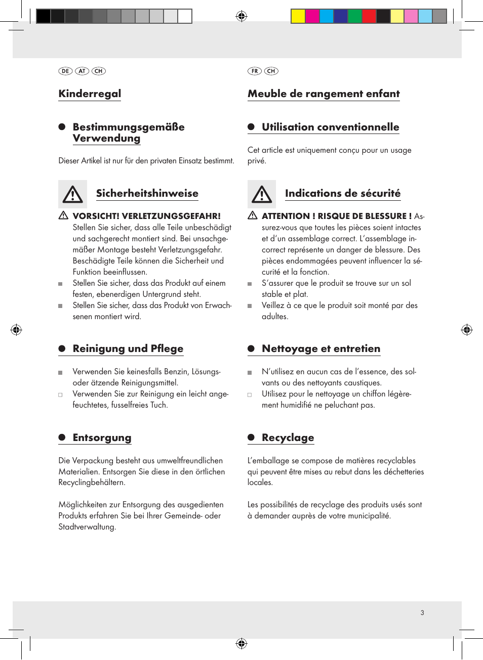 Kinderregal, Bestimmungsgemäße verwendung, Sicherheitshinweise | Reinigung und pflege, Entsorgung, Meuble de rangement enfant, Utilisation conventionnelle, Indications de sécurité, Nettoyage et entretien, Recyclage | Livarno Z31195 User Manual | Page 3 / 7