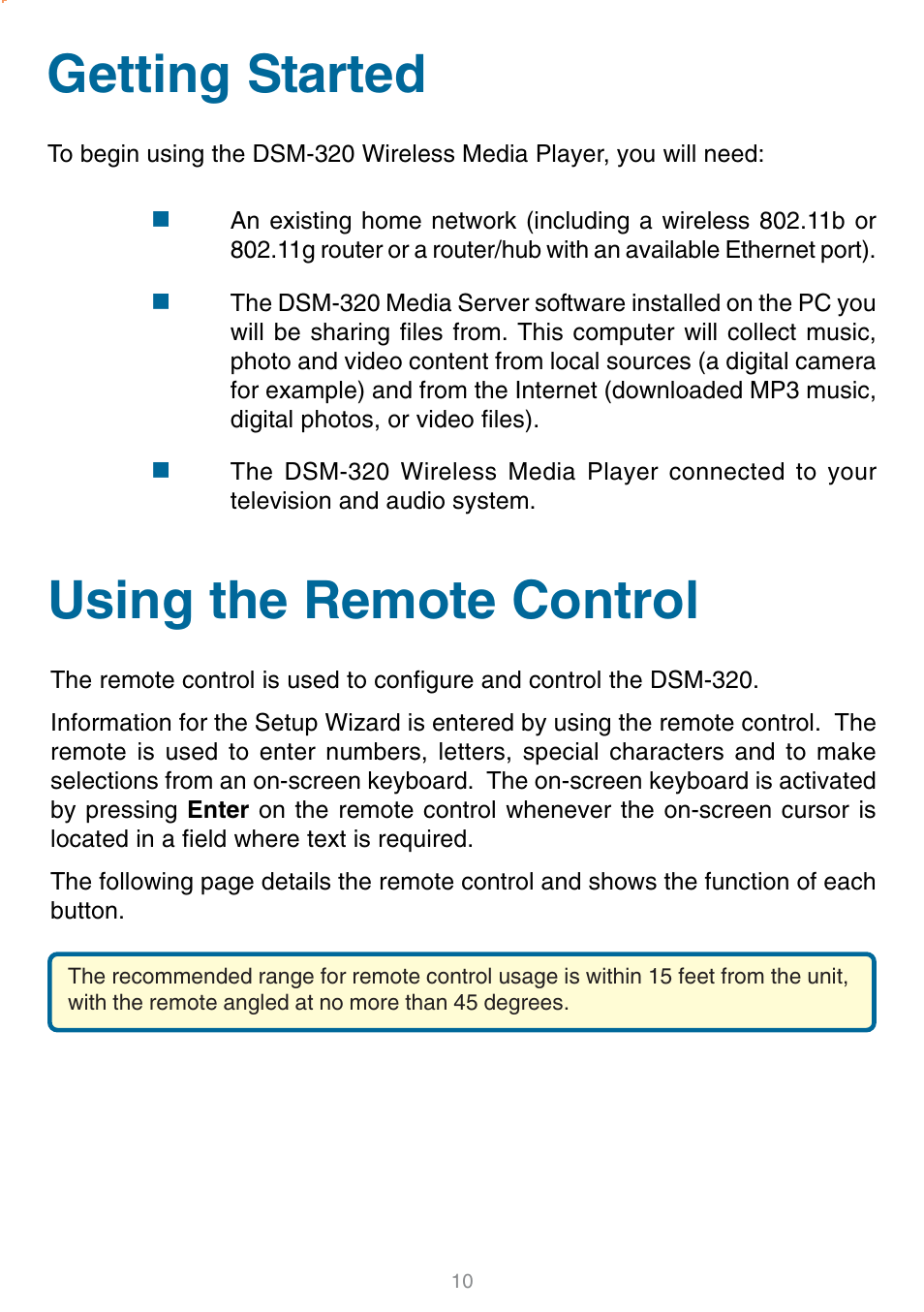 Getting started, Using the remote control, Getting started using the remote control | D-Link DSM-320 User Manual | Page 10 / 111