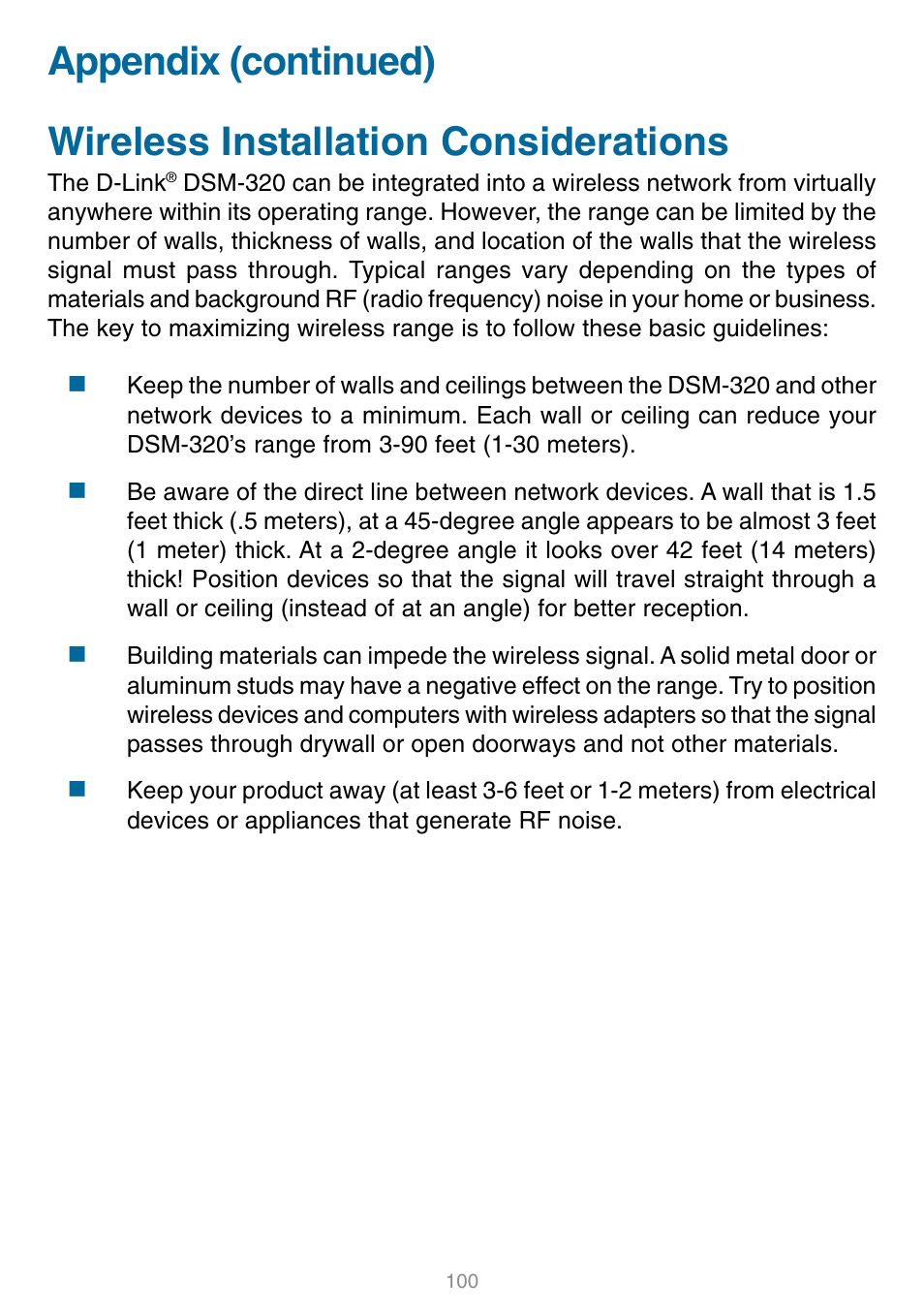 Wireless installation considerations | D-Link DSM-320 User Manual | Page 100 / 111