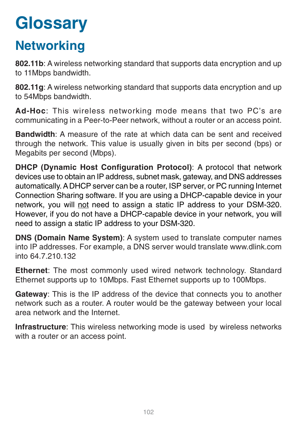Glossary, Networking | D-Link DSM-320 User Manual | Page 102 / 111