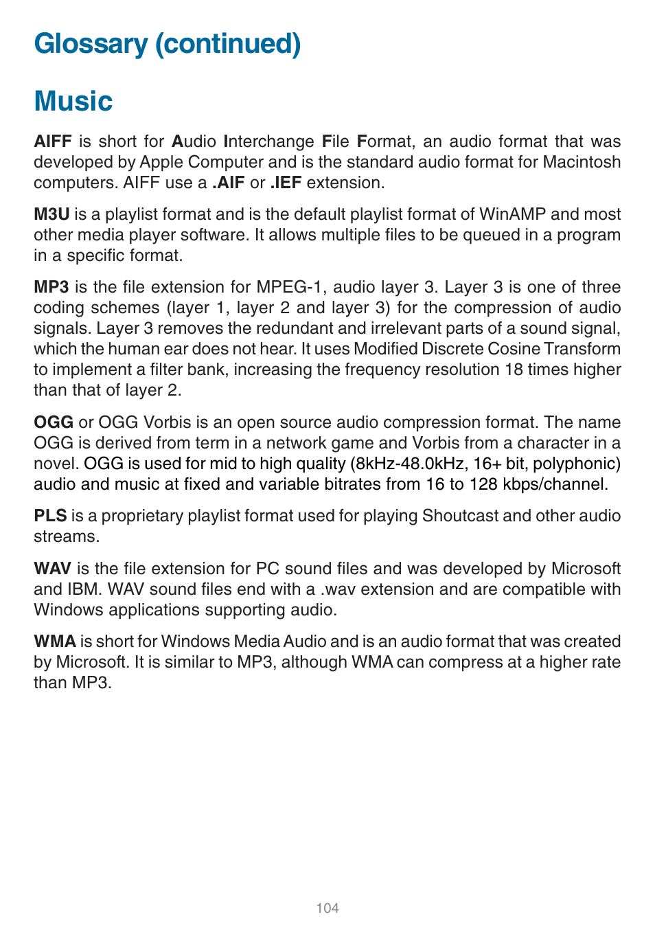 Music, Glossary (continued) | D-Link DSM-320 User Manual | Page 104 / 111