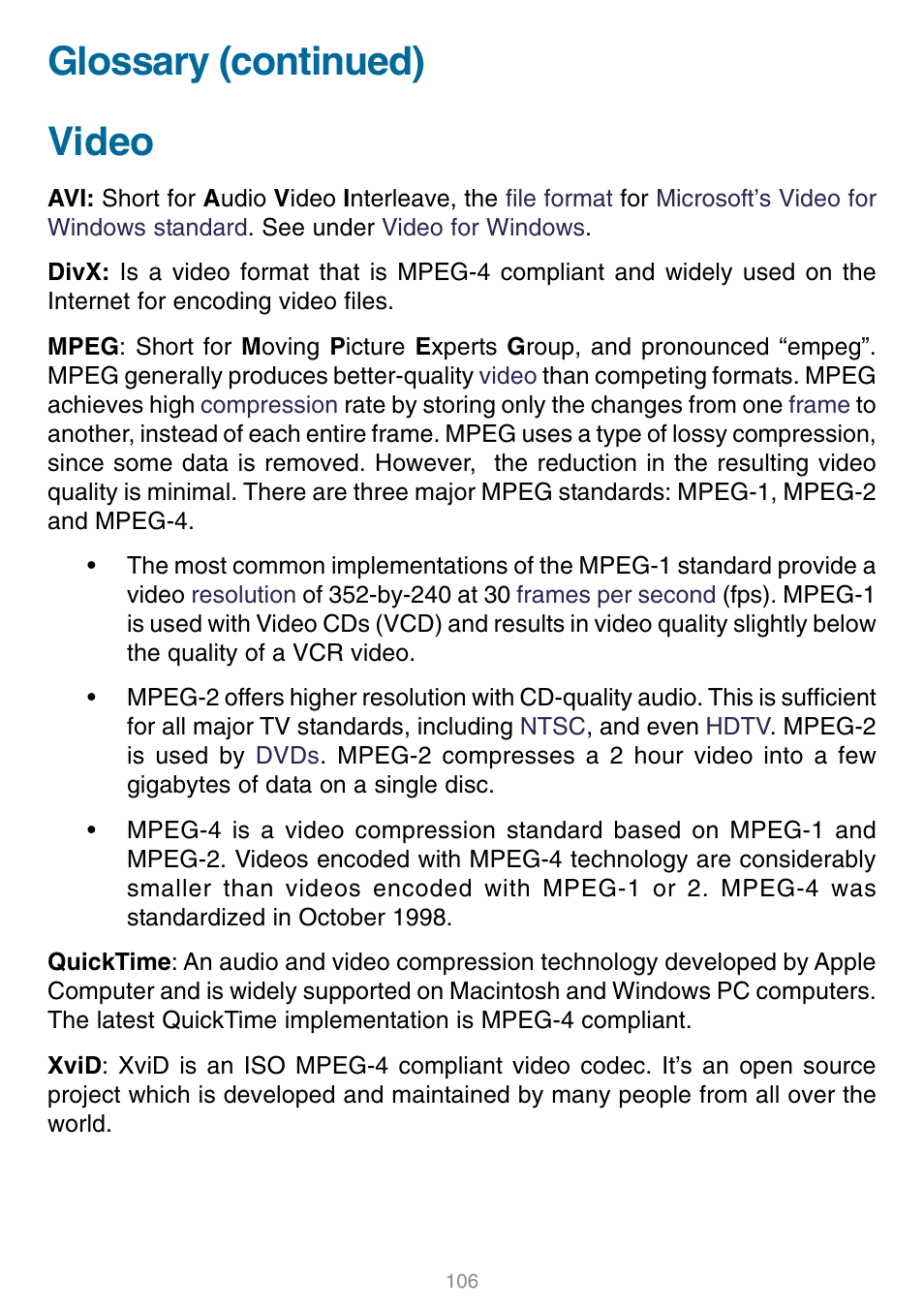 Video, Glossary (continued) | D-Link DSM-320 User Manual | Page 106 / 111
