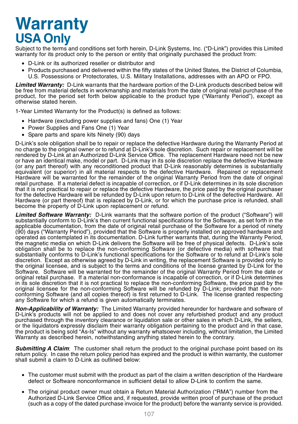 Warranty, Usa only | D-Link DSM-320 User Manual | Page 107 / 111