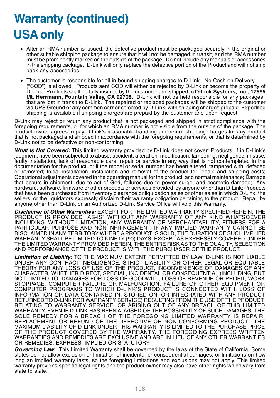 Warranty (continued) usa only | D-Link DSM-320 User Manual | Page 108 / 111